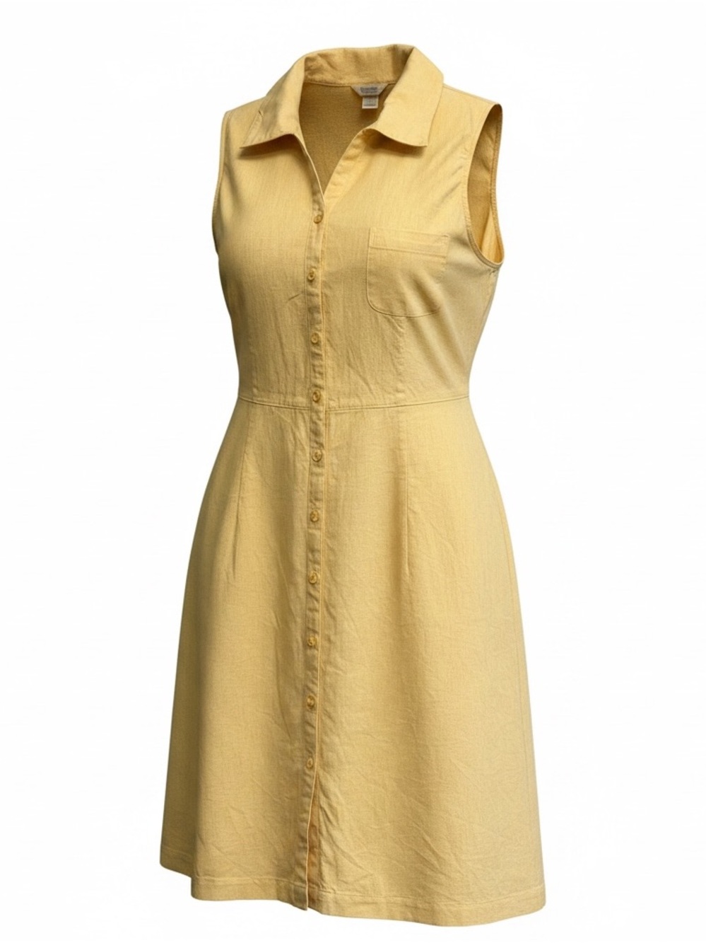 Sleeveless Yellow Button-Front Midi Dress cotton linen blend shirt, dress